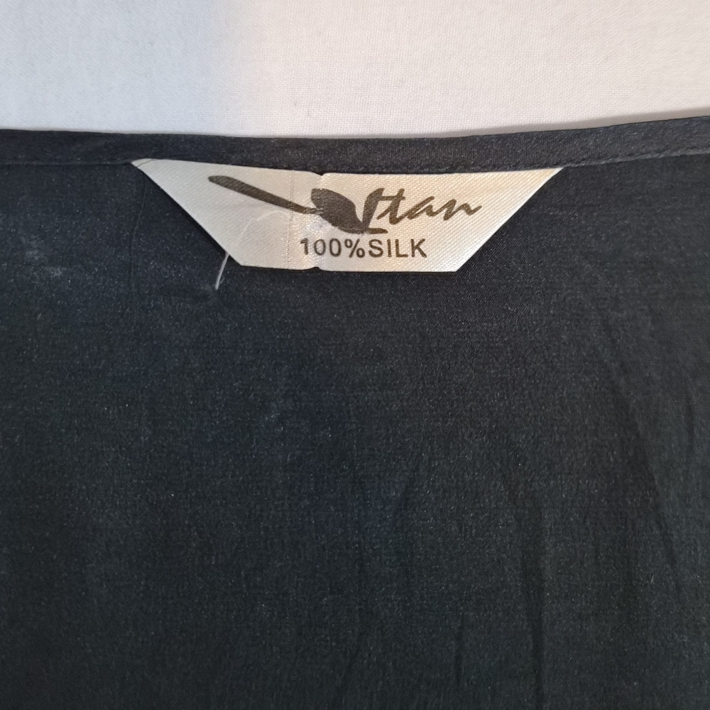 Vitan 100% Silk Kaftan Tunic Top Black Asian Graphic Pottery Calligraphy Art - Picture 2 of 5